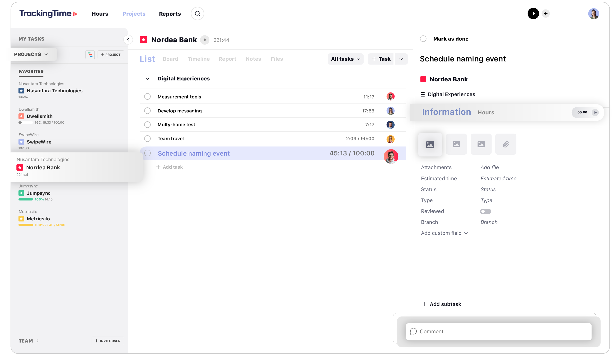 A project list shown on the web app of TimeTracking.