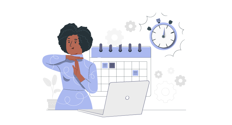 Illustration of a person organizing a work schedule with a calendar and clock, representing the time blocking method