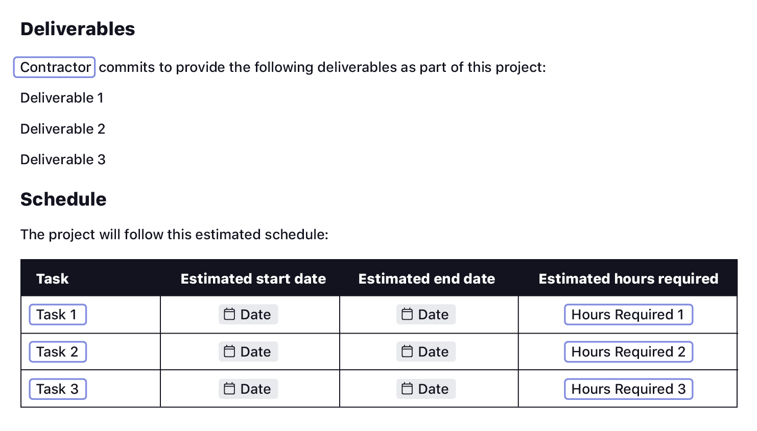 Tasks, deliverables, and schedule in the SOW template.