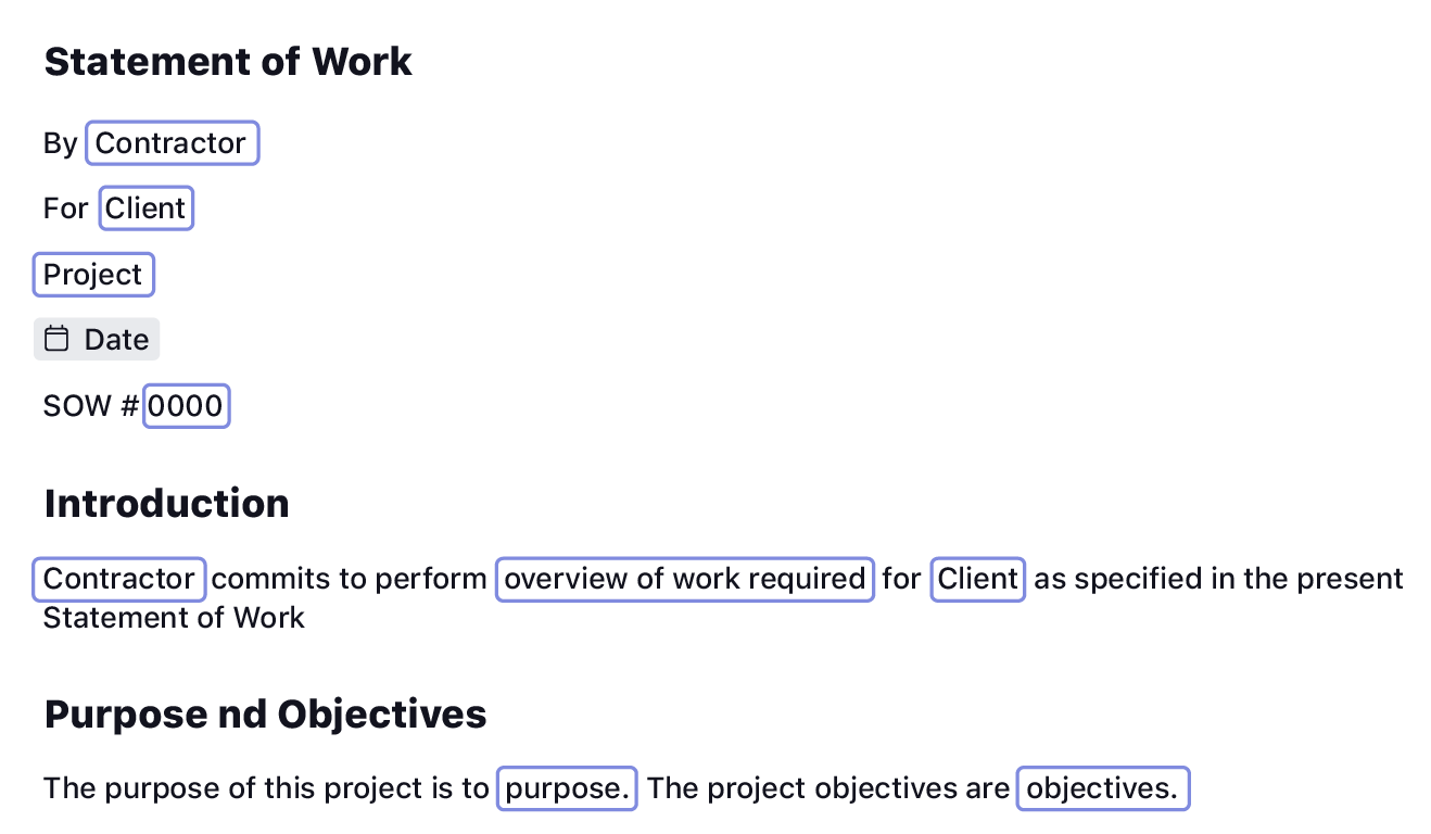 Introduction, purpose, and objectives in SOW templates