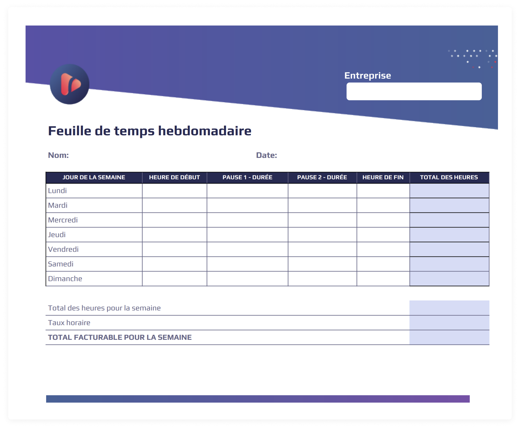 Feuille de temps hebdomadaire PDF-Excel à télécharger