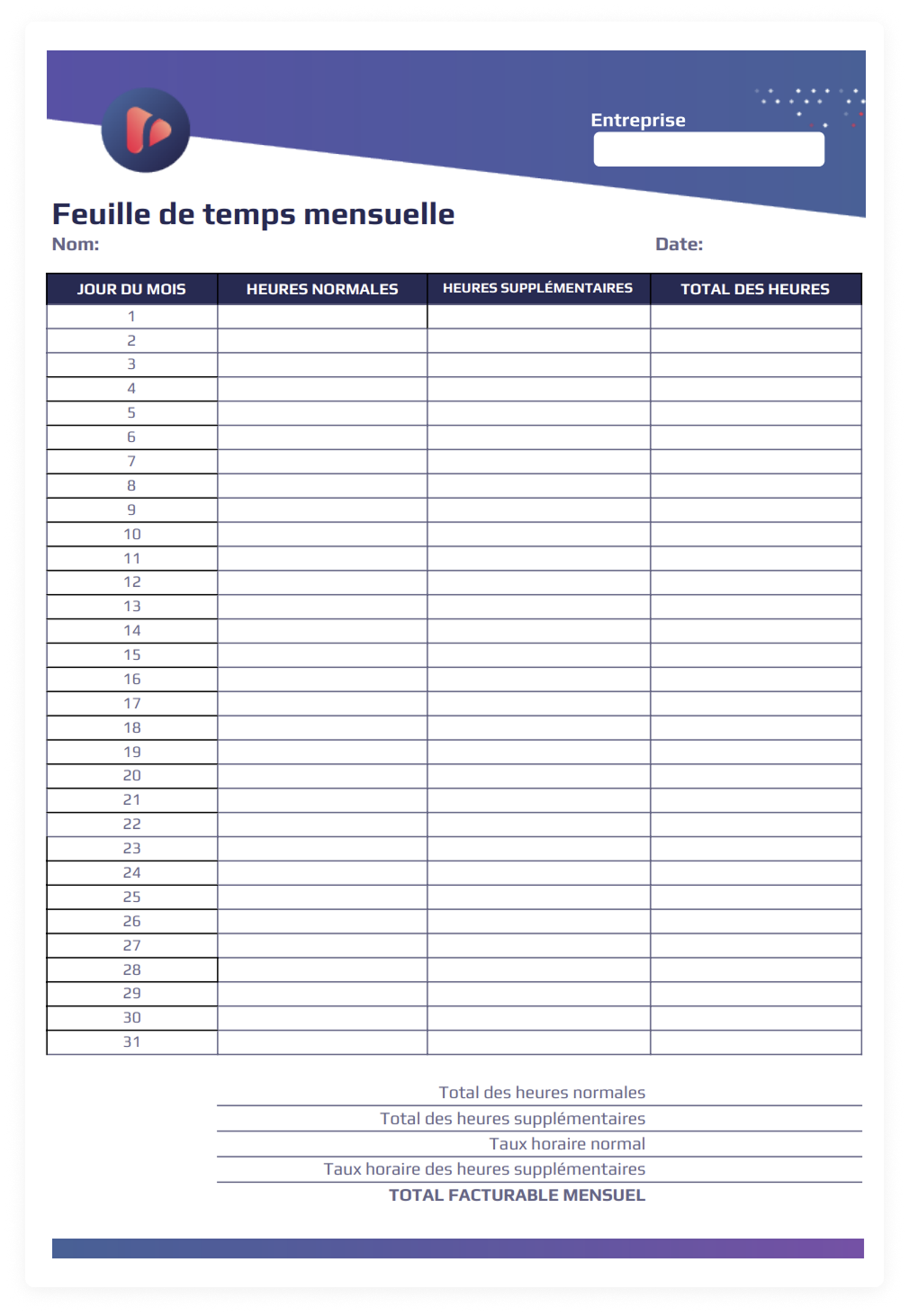 Feuille de temps mensuelle PDF-Excel à télécharger