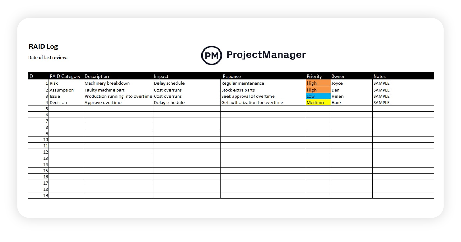 Download the Basic RAID Log template from ProjectManager.