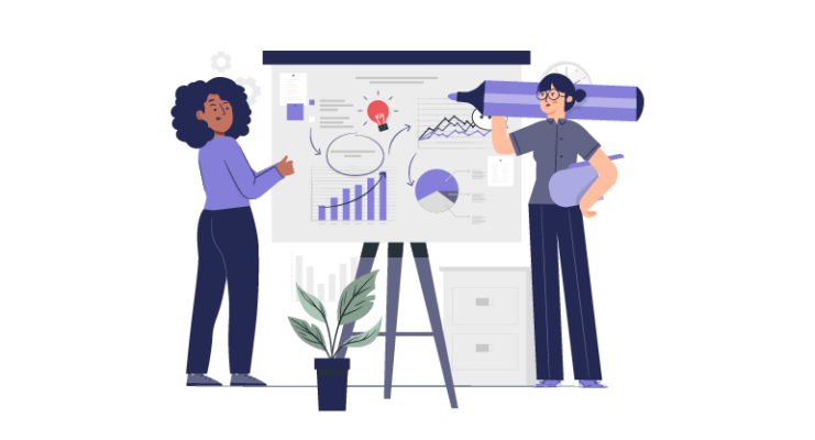 Illustration representing scope creep in project management, with a team reviewing plans, charts, and growing project demands.