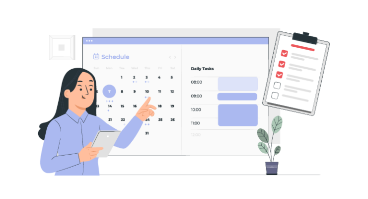 Illustration representing time management skills, with a professional reviewing a schedule, task list, and daily plan.