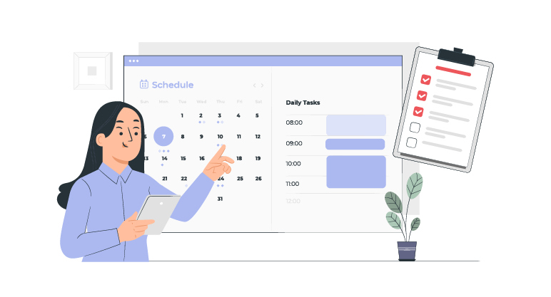 Illustration representing time management skills, with a professional reviewing a schedule, task list, and daily plan.