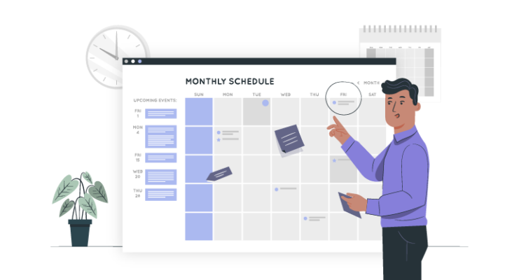 Illustration of a manager organizing an employee work schedule on a monthly calendar board.