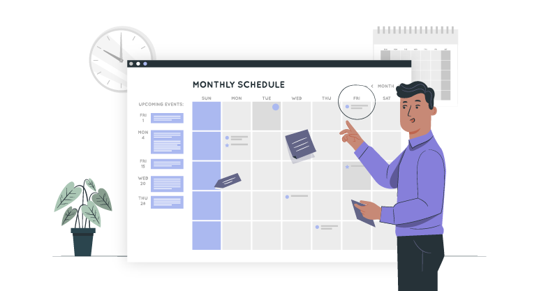 Illustration of a manager organizing an employee work schedule on a monthly calendar board.