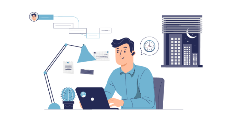 What is flex time? The image shows a flex time work setup showing a professional working flexible hours with day and night schedule elements