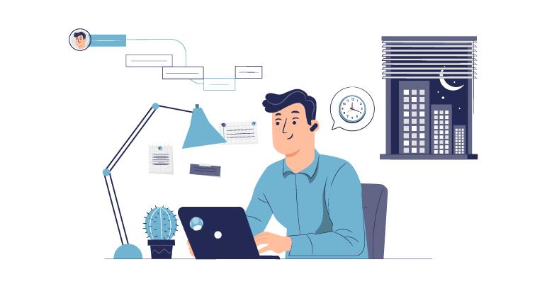 What is flex time? The image shows a flex time work setup showing a professional working flexible hours with day and night schedule elements