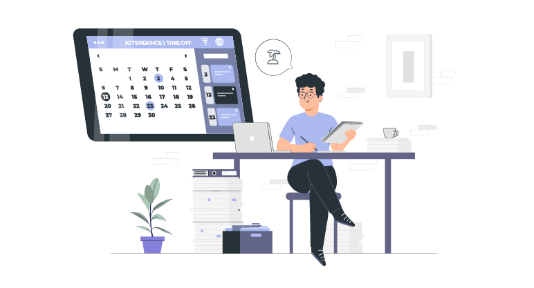 Paid time off PTO policy illustration showing employee managing leave and calendar schedule