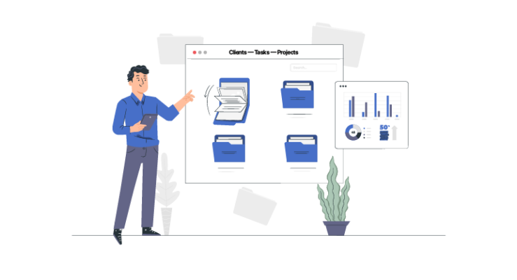 Illustration showing how to track billable hours using clients, projects, tasks, and time tracking workflows.