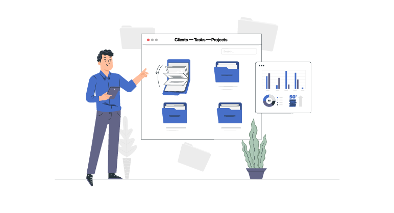 Illustration showing how to track billable hours using clients, projects, tasks, and time tracking workflows.
