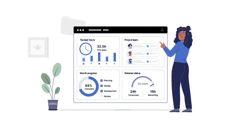 How to manage client retainers cover. Agency manager reviewing a client retainer dashboard with tracked hours, month progress, team activity, and retainer status.