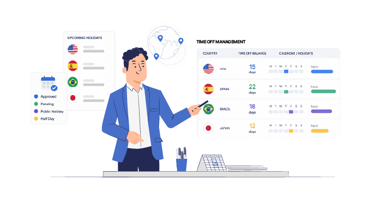 Illustration of a manager reviewing time off balances, holiday calendars, and leave management data for employees in multiple countries
