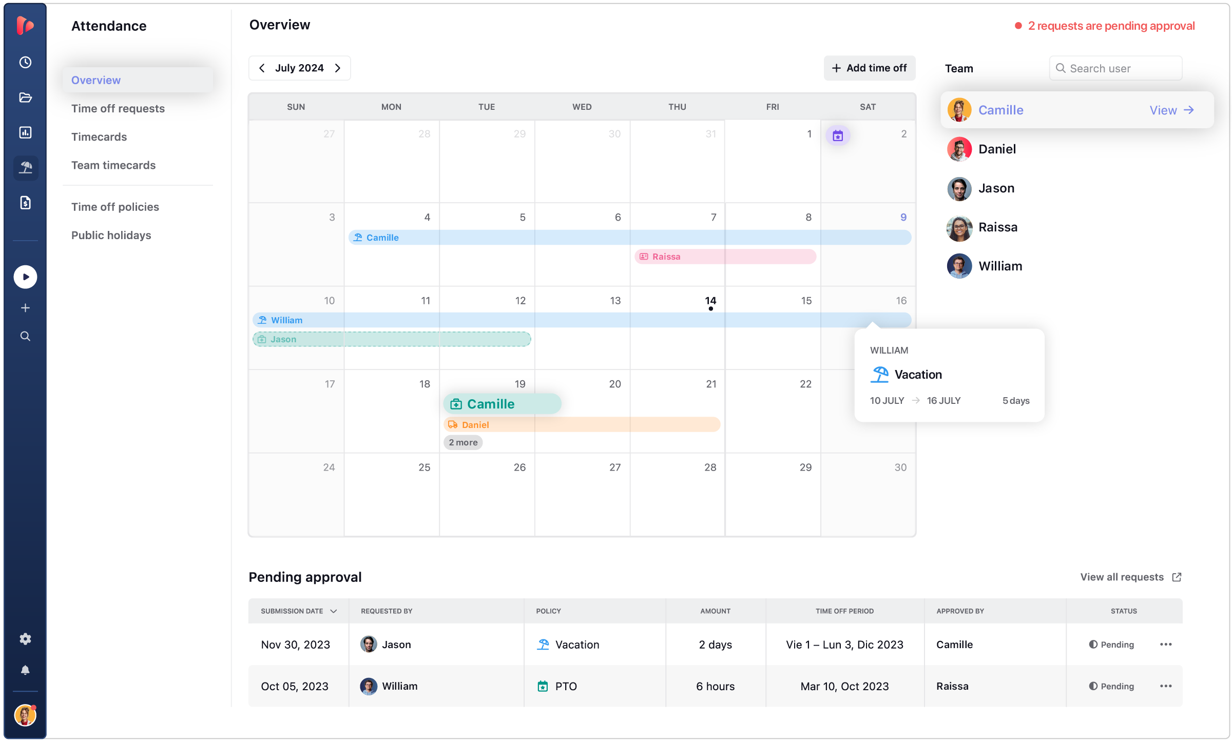 TrackingTime Attendance overview showing a monthly calendar with employee vacation and PTO entries, public holidays, pending time-off requests, and a team availability panel