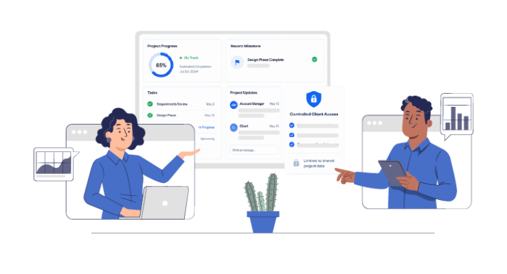 Agency manager and client reviewing a shared project dashboard with progress, tasks, and controlled client access