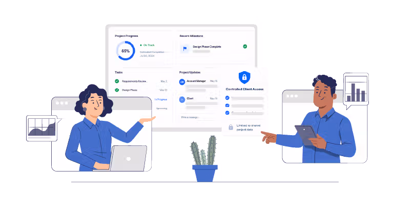 Agency manager and client reviewing a shared project dashboard with progress, tasks, and controlled client access