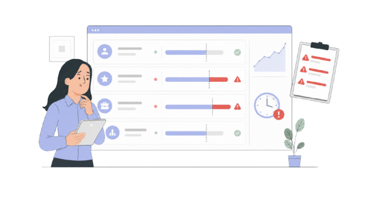 Agency manager reviewing a dashboard with retainer usage alerts, showing client retainer leakage caused by over-consumed hours and limited budget visibility.