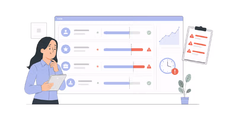 Agency manager reviewing a dashboard with retainer usage alerts, showing client retainer leakage caused by over-consumed hours and limited budget visibility.
