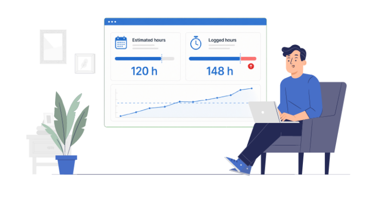 Illustration of a Project manager comparing 120 estimated hours with 148 logged hours on a project budget dashboard.