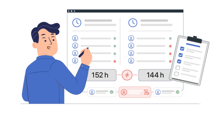 Manager comparing logged employee hours with payroll totals to identify a timesheet discrepancy