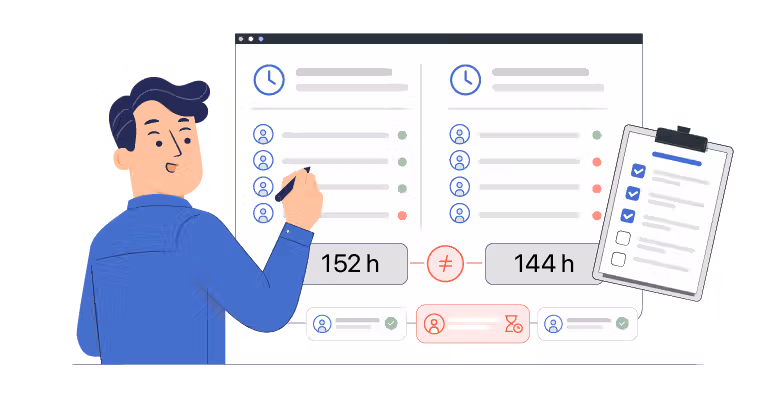 Manager comparing logged employee hours with payroll totals to identify a timesheet discrepancy