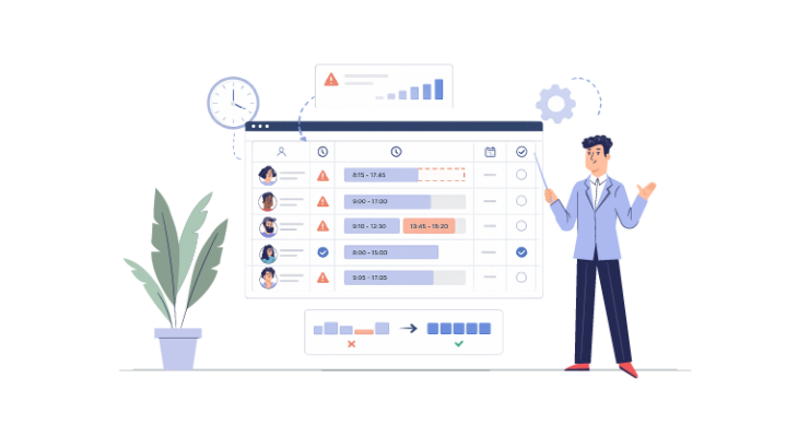 Illustration of a manager reviewing inaccurate time entries and warnings on a timesheet dashboard, representing why time tracking fails on teams.