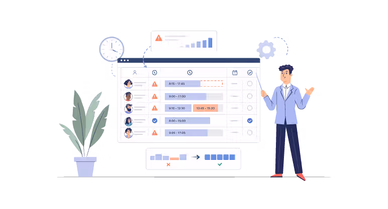 Illustration of a manager reviewing inaccurate time entries and warnings on a timesheet dashboard, representing why time tracking fails on teams.