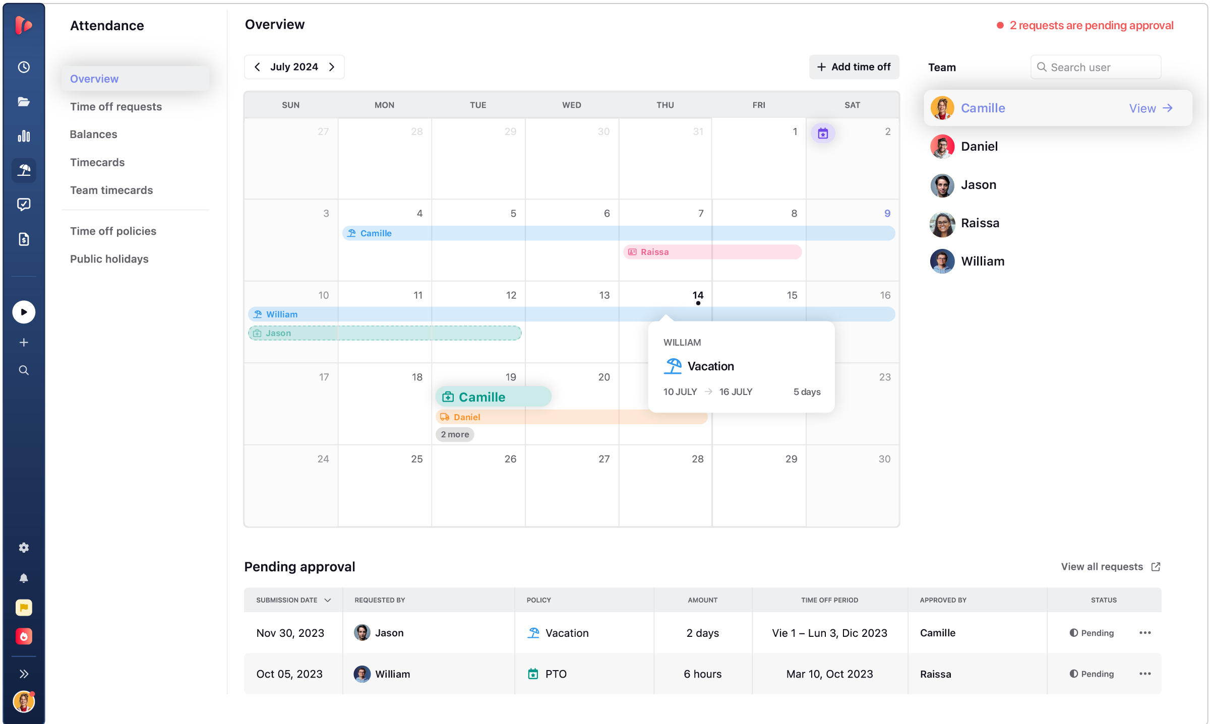 Approved and pending absences show up on the team calendar