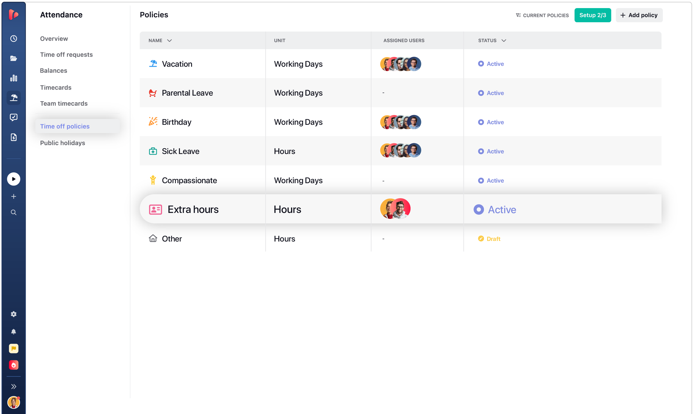 Leave types, accrual rules, and holidays by country, all configured from the same place.
